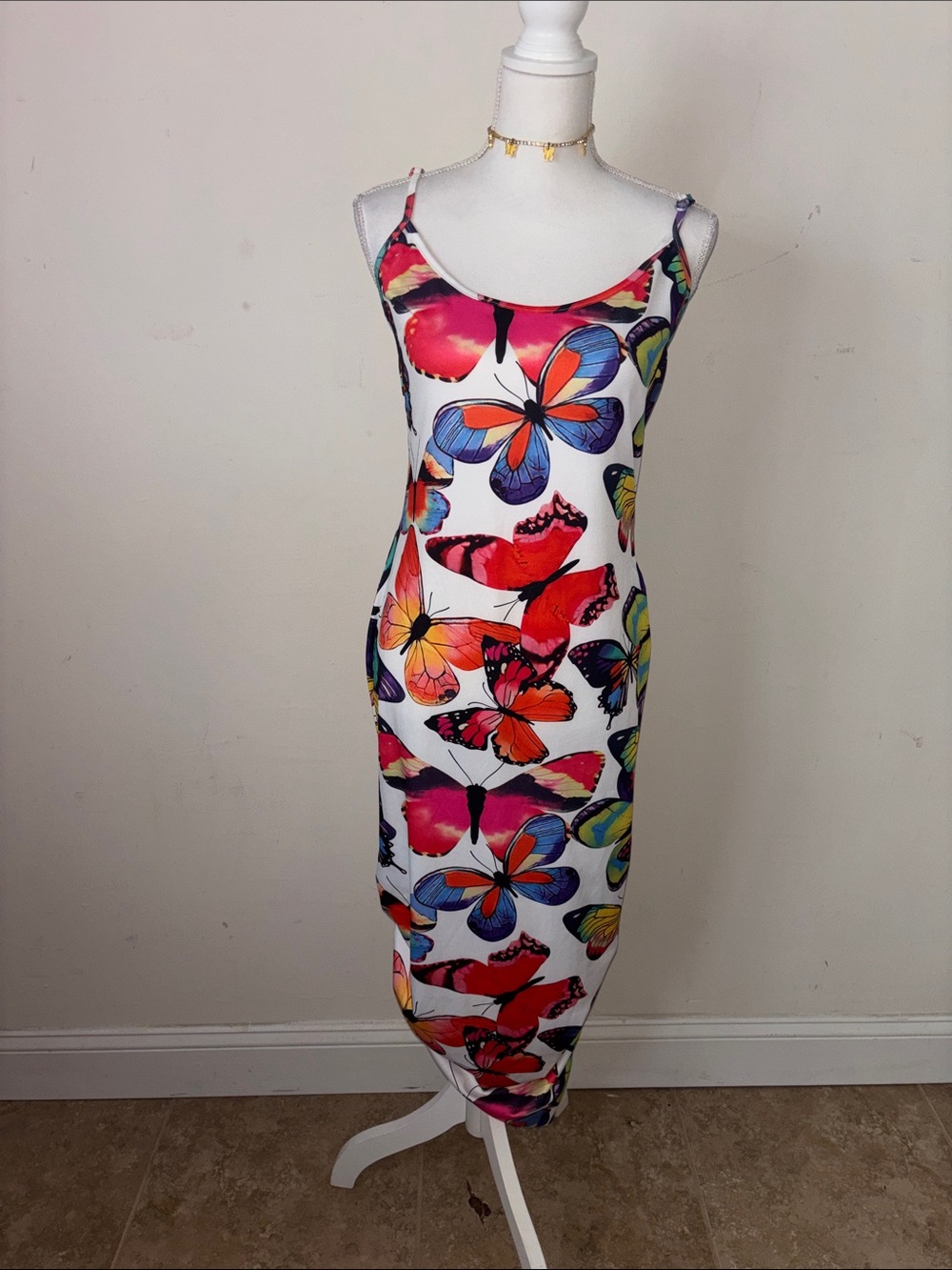 Women's White Butterfly Print Slip Dress - Vibrant Multicolor